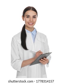 Happy Young Woman In Lab Coat With Clipboard On White Background