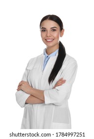 Happy Young Woman In Lab Coat On White Background