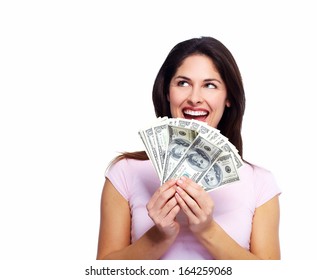 Happy young woman with money. Saving account concept.