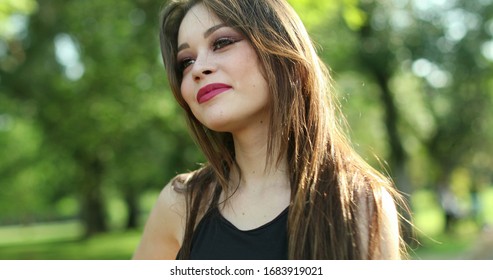 
Happy Young Woman Nodding Yes With Head In Outdoor Park. Pretty Girl Positive Emotion