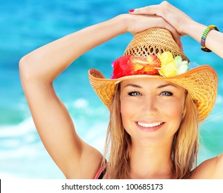 Happy Young Woman On The Beach, Beautiful Female Face Outdoor Portrait, Pretty Healthy Girl Relaxing Outside, Nature Fun And Joy, Spa And Travel Concept