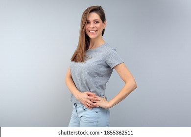 Happy Young Woman Portait On Gray Background. 