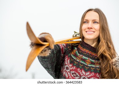 Happy Young Woman With Retro Ski Outdoors Portrait