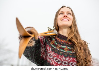 Happy Young Woman With Retro Ski Outdoors Portrait, Focus On Mouth