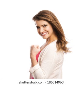 Happy Young Woman Saying Yes And Gesturing While Isolated On White Background