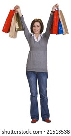 Happy young woman with shopping bags and hands up.