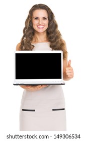 Happy Young Woman Showing Laptop Blank Screen Showing Thumbs Up