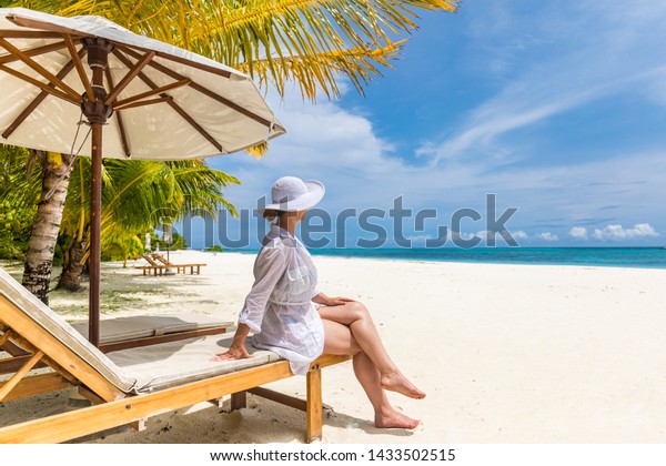 Happy Young Woman Sitting On Beach Nature People Stock Image