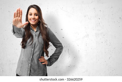 Happy Young Woman Stop Gesture