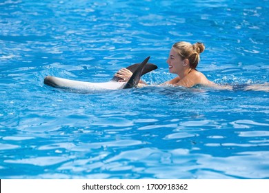 Happy Young Woman Swimming With Dolphin