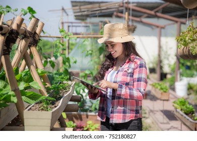 Happy Young Woman With Tablet In The Farm. Modern Urban Farming Concept
