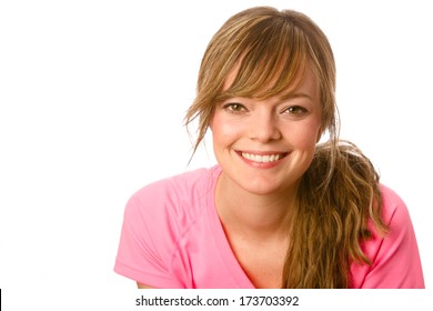 Happy Young Woman - This Is A Portrait Of A Beautiful Young Woman With Her Hair Pulled Back. Shot On An Isolate White Background.