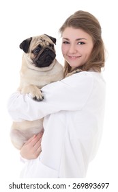 Happy Young Woman Vet Holding Pug Dog Isolated On White Background