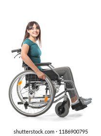 Happy Young Woman In Wheelchair On White Background