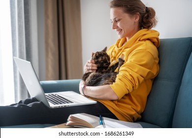 Happy Young Woman In A Yellow Sweatshirt Works At Home On A Blue Sofa With A Laptop And A Cat, Remote Work And Education, Staying Home During A Virus