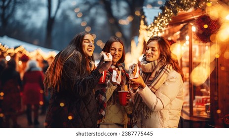 Happy young women attending winter fair in evening, drinking hot drinks, eating hot dogs. Merry season and cheerful time. Concept of winter holidays, Christmas, traditions, outdoor fair, happiness