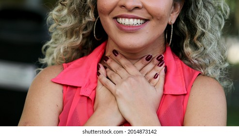 Hapy Faithful Hispanic Woman Praying Outside Smiling Feeling Gratitude And Hope