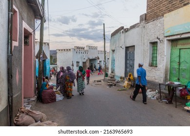 HARAR, ETHIOPIA - APRIL 7, 2019: Street in the Old town in Harar, Ethiopia