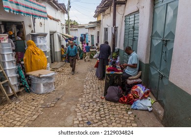 HARAR, ETHIOPIA - APRIL 8, 2019: Mekina Girgir street full of tailors in Harar, Ethiopia