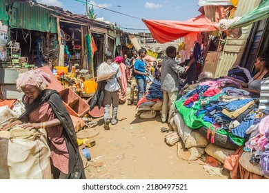 HARAR, ETHIOPIA - APRIL 8, 2019: Street market in Harar, Ethiopia