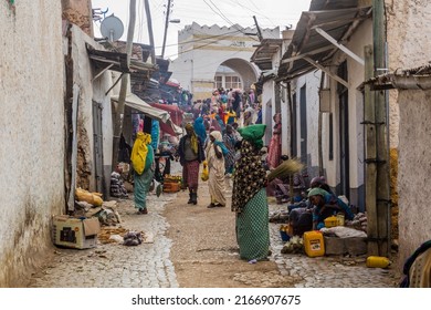 HARAR, ETHIOPIA - APRIL 9, 2019: Street market at Shoa Gate in Harar, Ethiopia
