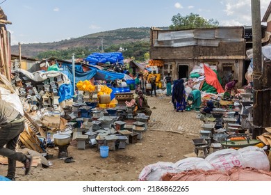 HARAR, ETHIOPIA - APRIL 9, 2019: Street market offering stoves in the old town of Harar, Ethiopia