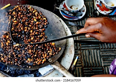 HARAR, ETHIOPIA - September 2018. Legendary (traditionally roasted - Ethiopian) street coffee. Roasted in front of customers.