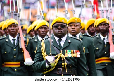Harare, Zimbabwe - November 24 2017: Commanding Officer 1 Presidential Guard Infantry Battalion, Lieutenant Colonel Samson Murombo leads his battalion at a pass out a parade 