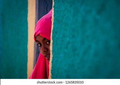 Harar/Ethiopia - 12012018:  Woman walking on the street in Harar