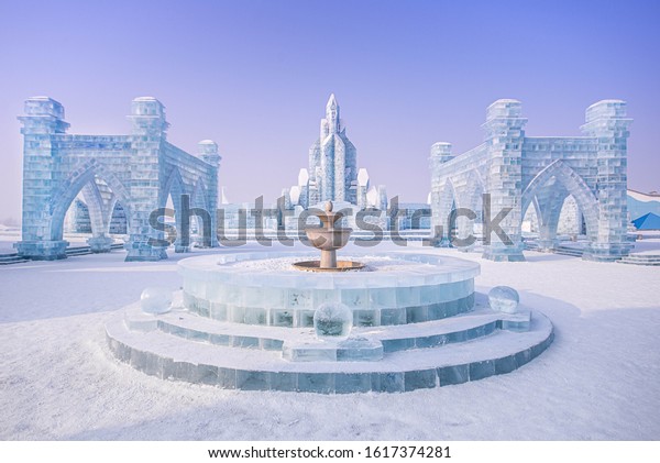 HARBIN,\
CHINA - JAN 15, 2020: Harbin International Ice and Snow Sculpture\
Festival is an annual winter festival that takes place in Harbin.\
It is the world largest ice and snow\
festival.