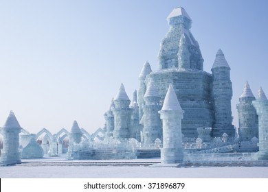 Harbin,China Ã¢?? 01 21 2016: Ice Castle In Front Of Blue Sky Amazing Architecture At The Ice Festival Harbin On Sun Island