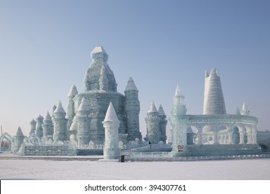 Harbin,China 01/21/2016 Ice Castle On Sunny Day At The Ice Festival On Sun Island