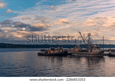The harbor of Campbell River on Vancouver Island at sunset in summer