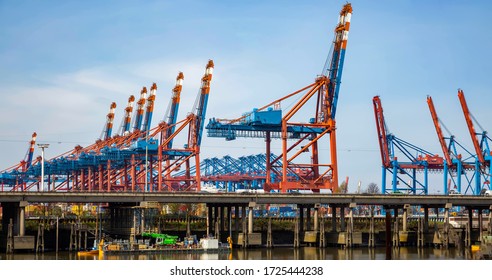 Harbor cranes and Panorama in the container port of Hamburg
