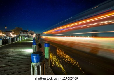 Harbor Ferry Leaving Nantucket Island At Clear Stary Night 