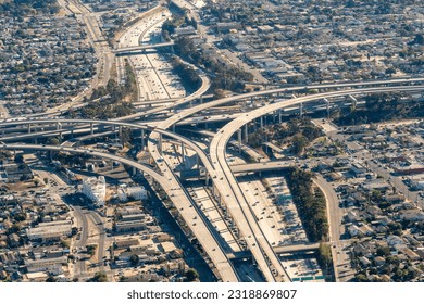 Harbor Gateway North, Southern California, USA Daytime Aerial view of the I-110 Harbor Freeway and the I-105 Century Freeway interchanges in Los Angeles.    Judge Harry Pregerson Interchange 