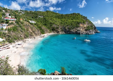 Harbor With Sand Beach, Blue Sea And Mountain Landscape In Gustavia, St.barts. 