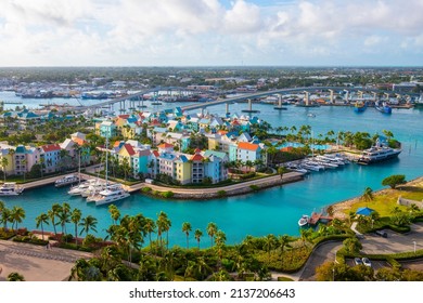 Harborside Villas aerial view at Nassau Harbour and Nassau downtown at the background  from Paradise Island  Bahamas 