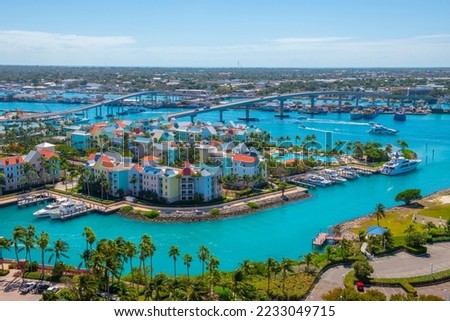 Harborside Villas aerial view at Nassau Harbour with Nassau downtown at the background, from Paradise Island, Bahamas.