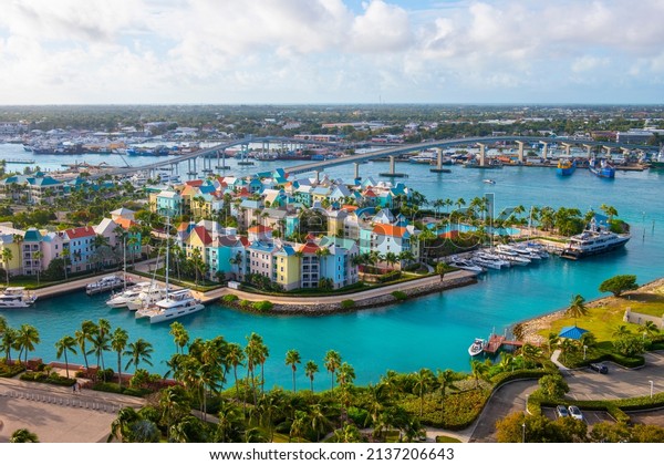 Harborside\
Villas aerial view at Nassau Harbour with Nassau downtown at the\
background, from Paradise Island,\
Bahamas.
