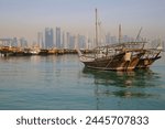 Harbour boats and West Bay Central Financial District from East Bay District, Doha, Qatar, Middle East