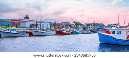 Chéticamp Harbour on Cabot Trail in Chéticamp, Nova Scotia, Canada, with moored trawlers and ships in an early summer morning 