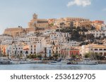 Harbour view of of historic old Ibiza Town, in the Spanish Balearic Islands on a sunny, summer day.