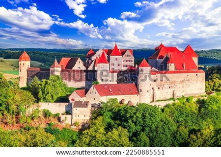 Harburg, Germany. Beautiful rural landscape with Harburg Castle, Romantischen Strasse famous touristic route on historical Swabia, Bavaria.