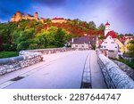 Harburg, Germany. Steinerne Brucke bridge in Harburg, Bavaria, crosses the Wornitz River, offering a picturesque view of the town
