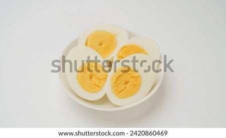 Hard boiled eggs on a white background.