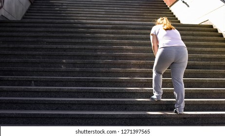 Hard To Climb Stairs For Obese Girl, Victory Over Fatigue For Goal Achieving