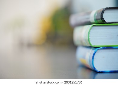 Hard Cover Law Book Stack On Table With Blur Office Room For Business Or Education Background, Pile Of Books , Blank Space For Text.