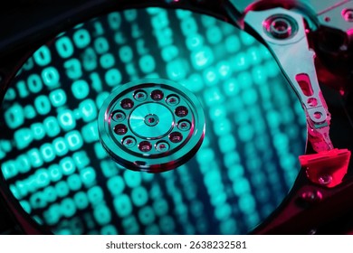 A hard disk with a blue binary code