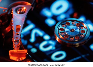 A hard disk with a blue binary code
